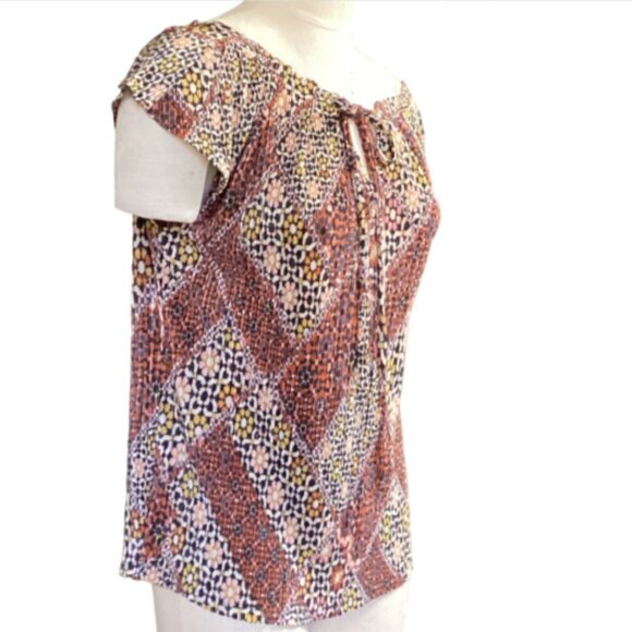 Lauren Conrad Peasant Top Mixed Print Shimmer Micropleated M 64J - Picture 7 of 12